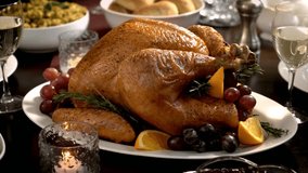 Closeup 4k footage of tasty roasted chicken stuffed turkey Christmas Holiday thanksgiving celebrate