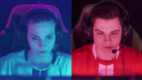 Split screen, portraits of a focused gamers in headphones, the confrontation of two teams players, cyber sportsmans at the international championship, blue and red neon light.