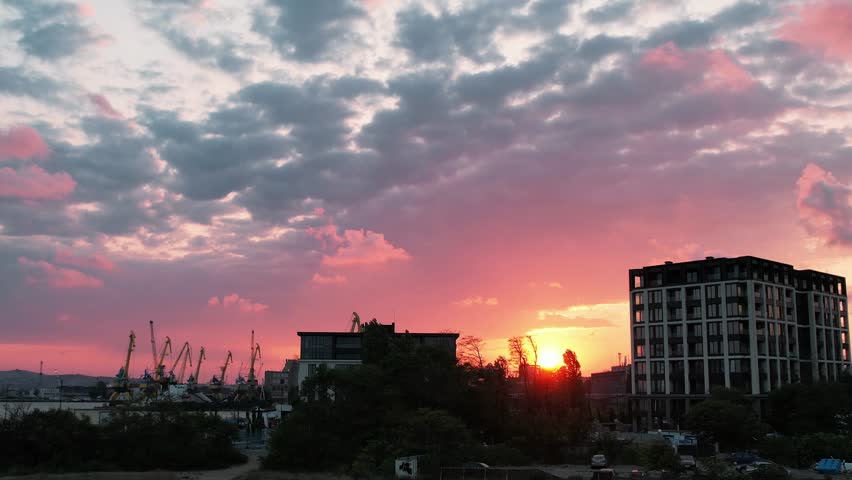 Aerial View Of The Beautiful City Of Burgas At Sunset, Bulgaria