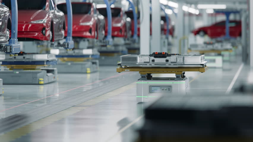Automated Guided Vehicles Transporting Electric Car Battery Packs inside Modern Automotive Factory. EV Production Line on Advanced Factory. Performance Electric Car Autonomous Manufacturing Processes Royalty-Free Stock Footage #1109644907