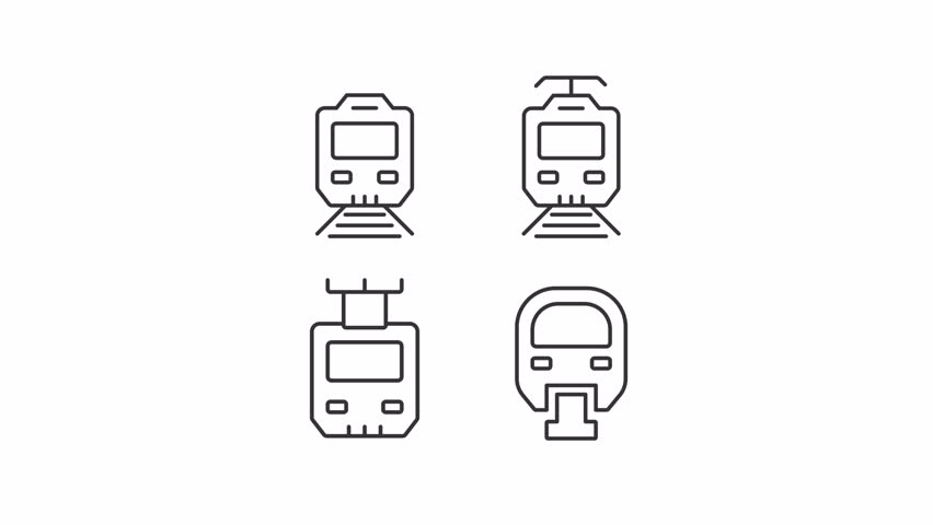 Set of 2D black icon simple animations representing railway industry, HD video with transparent background, seamless loop 4K video.