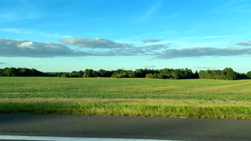 Beautiful view of flat field with some trees and forest in horizon from fast moving car passenger side window, driving plate.