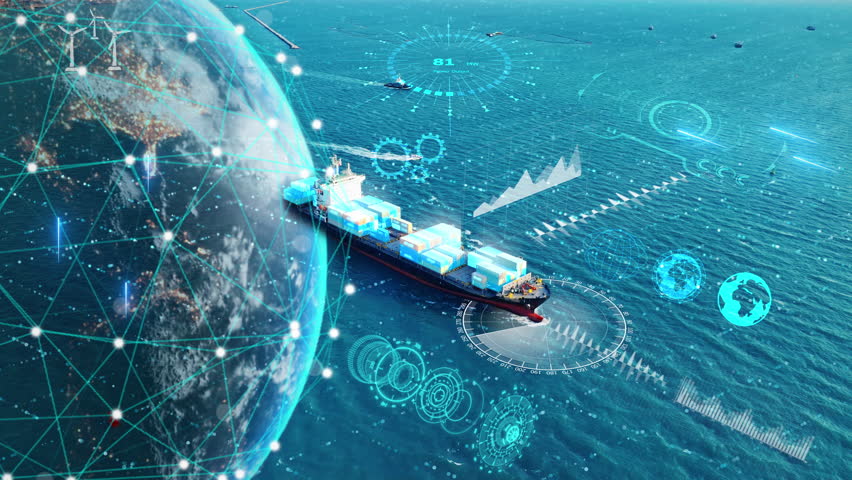AI Cargo ship technology. Global Logistics international delivery concept, World map logistics and supply chain network distribution container Ship running for export import to customs ocean.