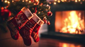 A close-up of Christmas socks, in which gifts for children are hidden on Christmas Eve, against the background of a fireplace in which a fire is burning. - Powered by Shutterstock - Get 15% off with code: PIKWIZARD15