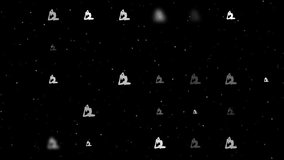 Template animation of evenly spaced yoga stretching pose symbols of different sizes and opacity. Animation of transparency and size. Seamless looped 4k animation on black background with stars