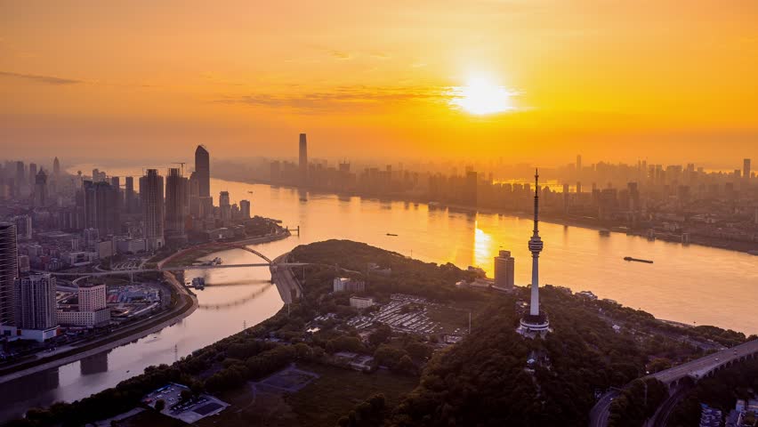 Panoramic skyline and buildings beside yangtze river of Wuhan china