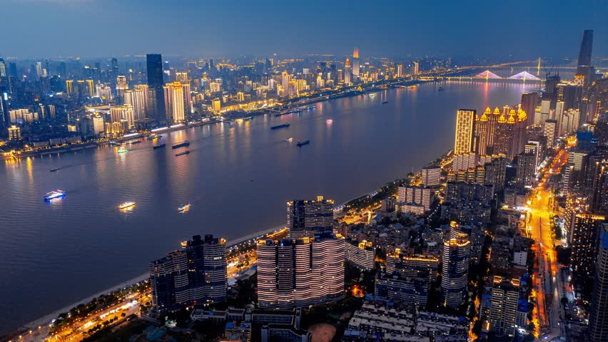 Panoramic skyline and buildings beside yangtze river of Wuhan china