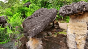 Sao Chaliang, in Pha Taem National Park, Ubon Ratchathani, Thailand, is a mesmerizing sight from above, showcasing its unique rock formations and stunning landscapes. Geological concept.
