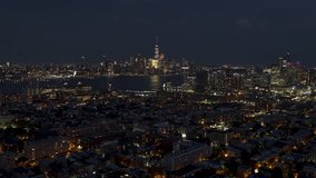 Establishing Aerial View Shot of New York at night evening City NY, NYC, downtown Manhattan, push in, super clear image, blue and black, superb wide view
