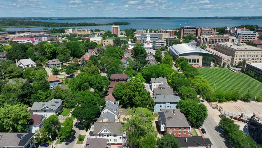 Off campus housing in Madison, Wisconsin. Aerial shot of college neighborhood next to University of Wisconsin campus on summer day.