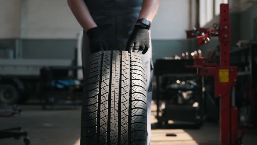 front view, the hands of a car mechanic rolling a wheel in the workshop Royalty-Free Stock Footage #1109659107