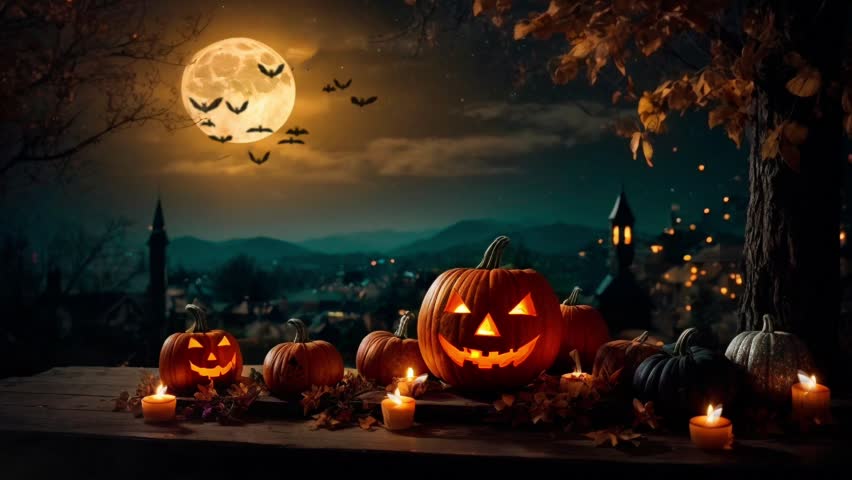 Bats soar, moon glows, candles flicker. Pumpkins guard. A haunting scene of darkness, enchantment, and Halloween magic unfolds.