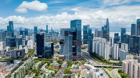 Aerial video of Shenzhen cityscape“腾讯” means Tencent