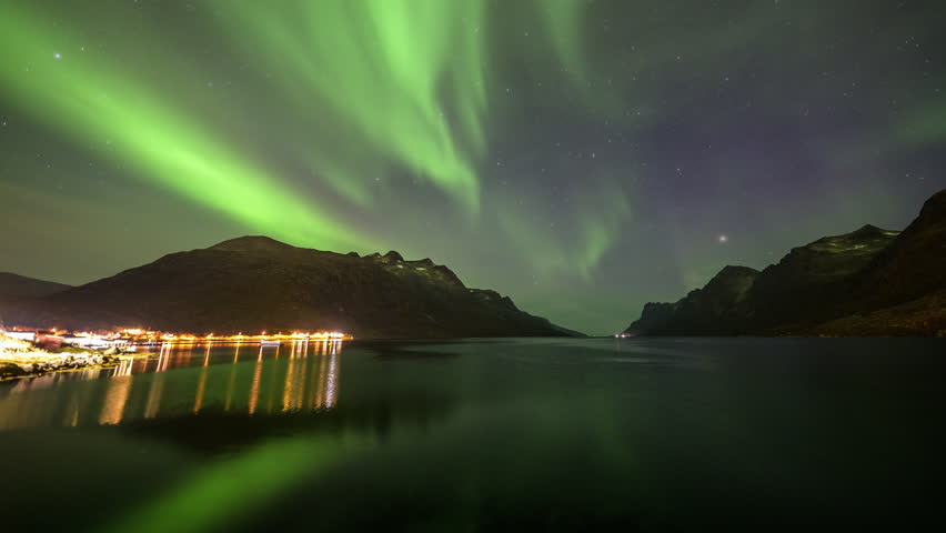 Aurora Borealis spreads over the fjord Royalty-Free Stock Footage #1109659903