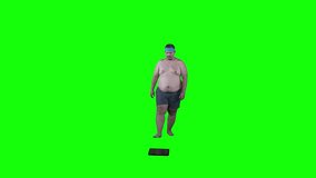 Video of a happy young fat man checking his weight while standing on the scale and dancing 