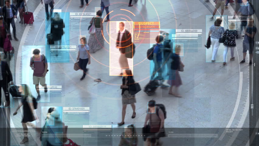 Artificial Intelligence Interface Showing Data of Crowd. Computer Vision with Facial Recognition Scanner Looking for Suspect. Deep learning. CCTV, Surveillance System. Royalty-Free Stock Footage #1109664941