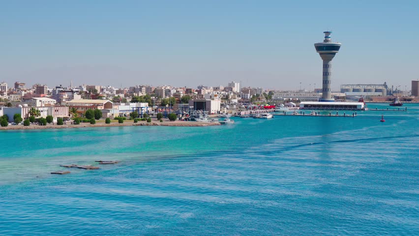 Yanbu, Saudi Arabia - Mar 16 2023, 4k, Aerial view panorama marina and port Lighthouse, Yanbu, Saudi Arabia