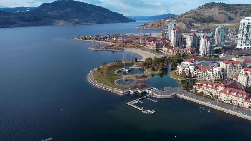 Downtown Kelowna Waterfront on a Beautiful Day. Waterfront Park Boardwalk Looking North Towards Vernon on Okanagan Lake.