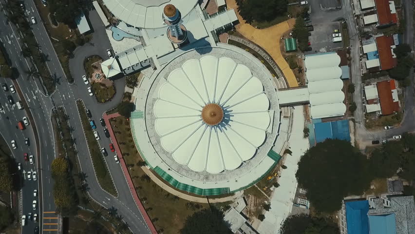 PENANG, MALAYSIA - Penang State Mosque or Masjid Negeri Pulau Pinang is a state mosque located in George Town, Penang, Malaysia. (aerial view)
