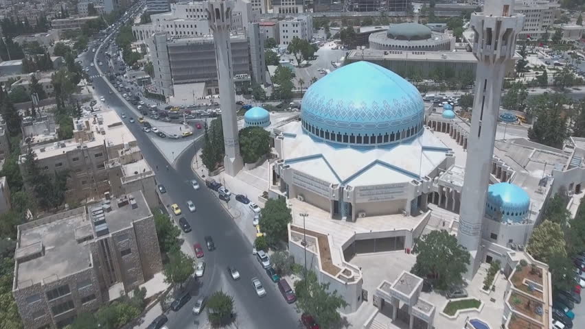 Islamic mosque dome in Amman, Jordan. King Abdullah I blue mosque. (aerial photography) Royalty-Free Stock Footage #1109667815