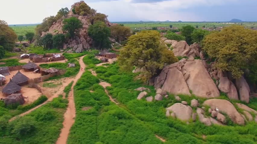 remote village in mountainous region of south sudan (aerial photography)