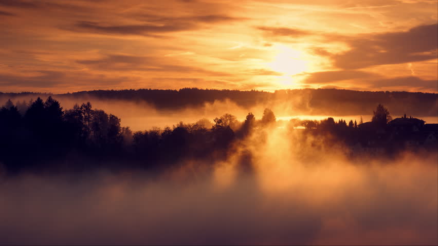Magnificent sunrise over foggy landscape, with silhouettes of trees, orange sky and the sun illuminating the moving wafts of mist
 | Shutterstock HD Video #1109670267