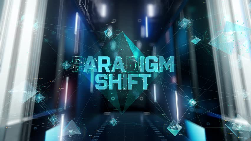 Paradigm Shift. Man in Futuristic Office Interior Moving and Activating Hologram.