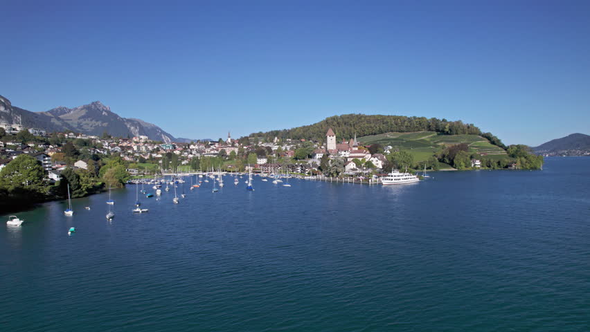 Aerial panorama of Spiez old town, castle and vineyards, Lake Thun, Switzerland.
