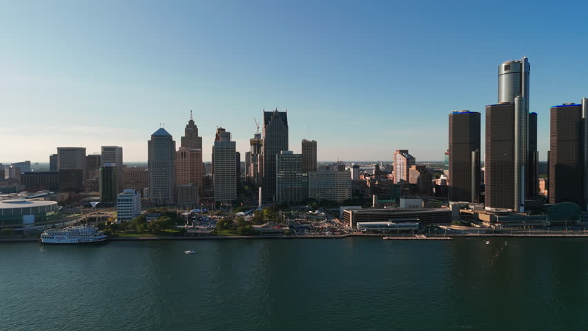 Downtown of Detroit, Michigan, United States. panoramic wide aerial shot of the city of Detroit. Central Business District and Detroit river. Aerial shot