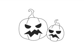 Laughing pumpkins Halloween with glowing eyes bw 2D characters animation. Haunted jack-o-lanterns outline cartoon 4K video, alpha channel. Evil faces animated personages isolated on white background