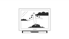 Vintage tv with flying plane bw outline 2D object animation. Watching show. Old fashioned equipment monochrome linear cartoon 4K video. 1990s electronic device animated item isolated on white