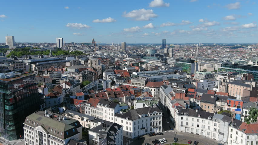 Aerial view of cityscape of Brussels, capital city of Belgium in sunny day, mixture of modern and historic architecture, Europe