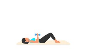 Dumbbell crunches exercise tutorial. Female workout on mat. Fitness woman exercising. Looped 2D animation with young girl character training. Sport and healthy lifestyle concept.