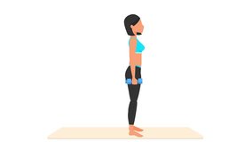 Dumbbell hip hinge exercise tutorial. Female workout on mat. Fitness woman exercising. Looped 2D animation with young girl character training. Sport and healthy lifestyle concept.