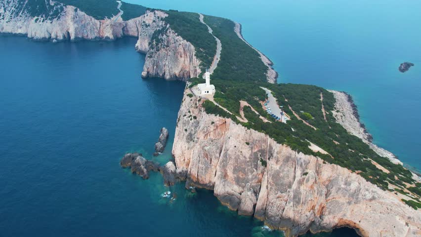 Aerial View Of Doukáto Lighthouse On Lefkada Island. Dolly Forward Shot