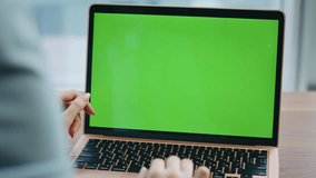Unknown girl using chroma key laptop for office work close up. Woman hands scrolling computer touchpad watching social media at home. Unrecognizable businesswoman solving business tasks on mockup pc. - Powered by Shutterstock - Get 15% off with code: PIKWIZARD15