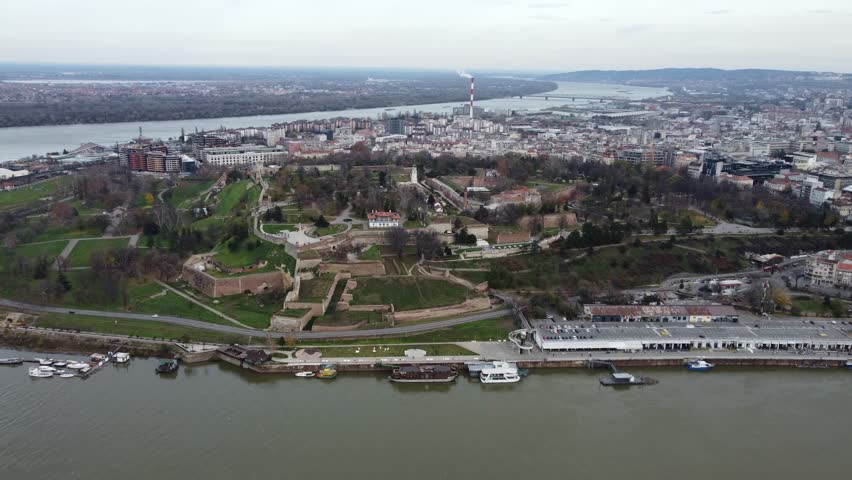 Drone flight in the Belgrade city view from above the old Kalemegdan fortress, Serbia | Shutterstock HD Video #1109682993