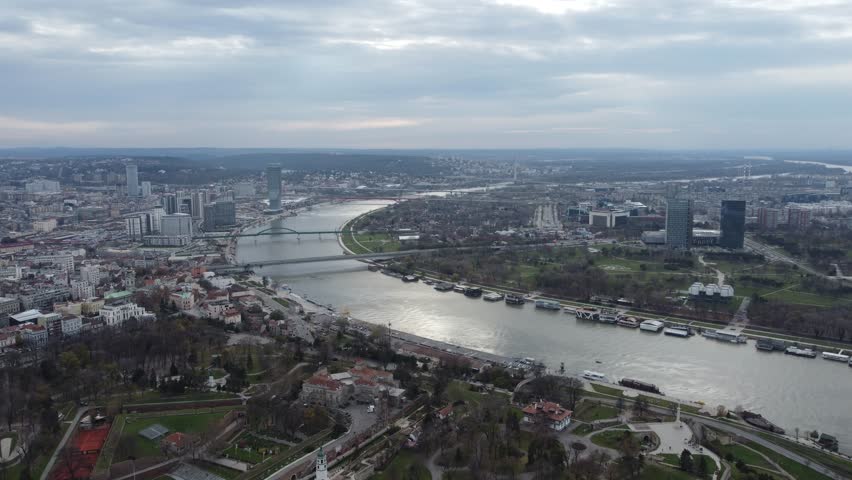 Drone flight in the Belgrade city view from above the old Kalemegdan fortress, Serbia | Shutterstock HD Video #1109683007