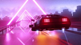 Retro-futuristic 80s style drive in neon city. Seamless loop of cyberpunk sunset landscape with a moving car on a highway road. VJ synthwave looping 3D animation for music video