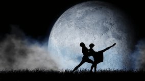 Portrait of professional dancers. Close up shot of young beautiful ballet dancers performing on full moon spinning background, grass and clouds. - Powered by Shutterstock - Get 15% off with code: PIKWIZARD15