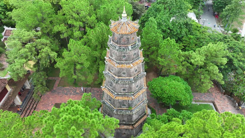 Aerial views of Thien Mu pagoda in Hue city, Vietnam Royalty-Free Stock Footage #1109685459