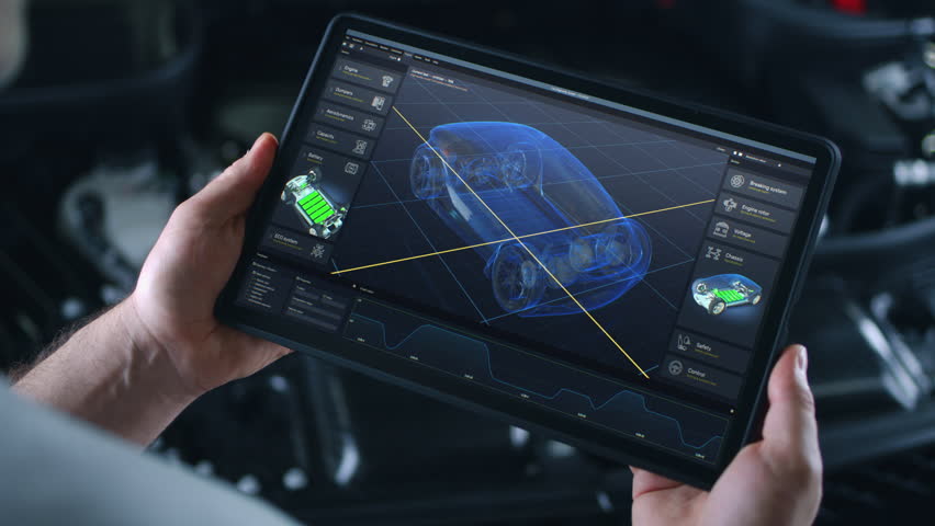 Automotive engineer holds digital tablet computer with simulation of real-time car diagnostics displayed on screen. 3D graphics visualization of professional software with 3D virtual electric vehicle  Royalty-Free Stock Footage #1109687237