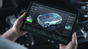 Male automotive engineer holds digital tablet computer with simulation of real-time car diagnostics or developing displayed on screen. 3D render of program with 3D virtual electric vehicle prototype. - Powered by Shutterstock - Get 15% off with code: PIKWIZARD15