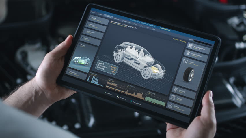 Male technician holds digital tablet computer. Simulation of real-time car diagnostics and aerodynamics testing displayed on screen. 3D animation of software with 3D virtual electric vehicle model. Royalty-Free Stock Footage #1109687241
