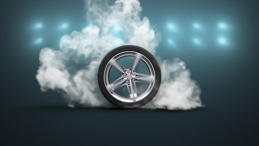 This stock motion graphics of spinning car tire peeling out with swirling clouds of smoke blue light walls.