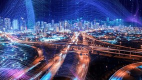 Smart city big data connection technology concept. Abstract line and dot connect with gradient design. Cityscape urban architecture with the concept of the future city. 5G wireless network, IOT. - Powered by Shutterstock - Get 15% off with code: PIKWIZARD15