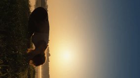 Relaxation and focus: A woman practices yoga against a backdrop of natural beauty. Vertical video. Outdoor yoga in the east of the world as a source of inner peace and energy.