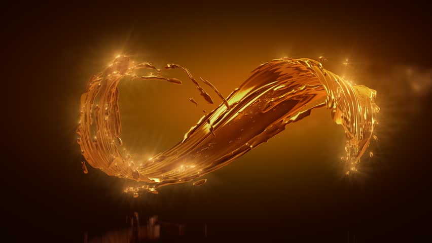 Oil splash waving, 3d render animation, clear yellow spiral jet, Olive Oil, lemonade or tea, alcohol liquid wave, splashing loops, curvy line, isolated on black background, looped, 4K
