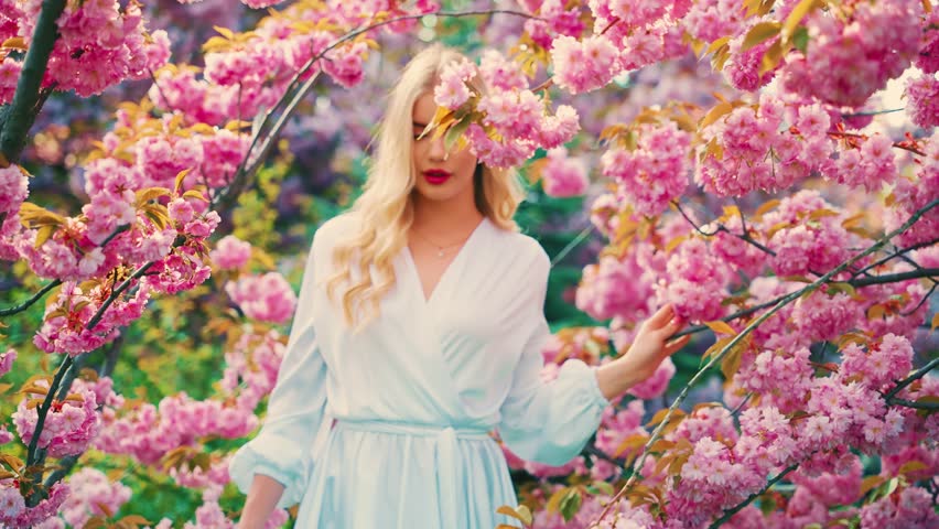 happy woman blonde long hair beauty smiling face walking in public park sakura pink flowers branch tree enjoy spring nature sunny day. Joy adult girl fashion model red lips trendy white dress video 4k