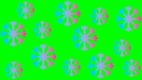 Animated pink blue big snowflakes are spinning. Christmas motion background with snowfall. Concept of winter. Looped video. Vector illustration isolated on green background. 
